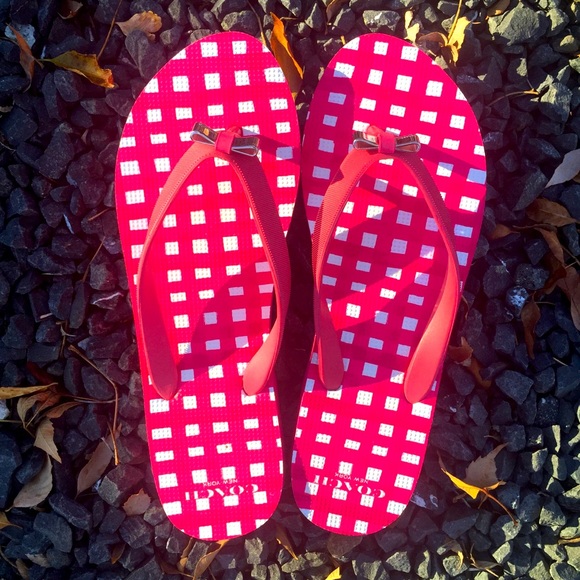 Coach Amel Poppy/Pink Gingham Flip Flops Size 10 - Picture 3 of 10